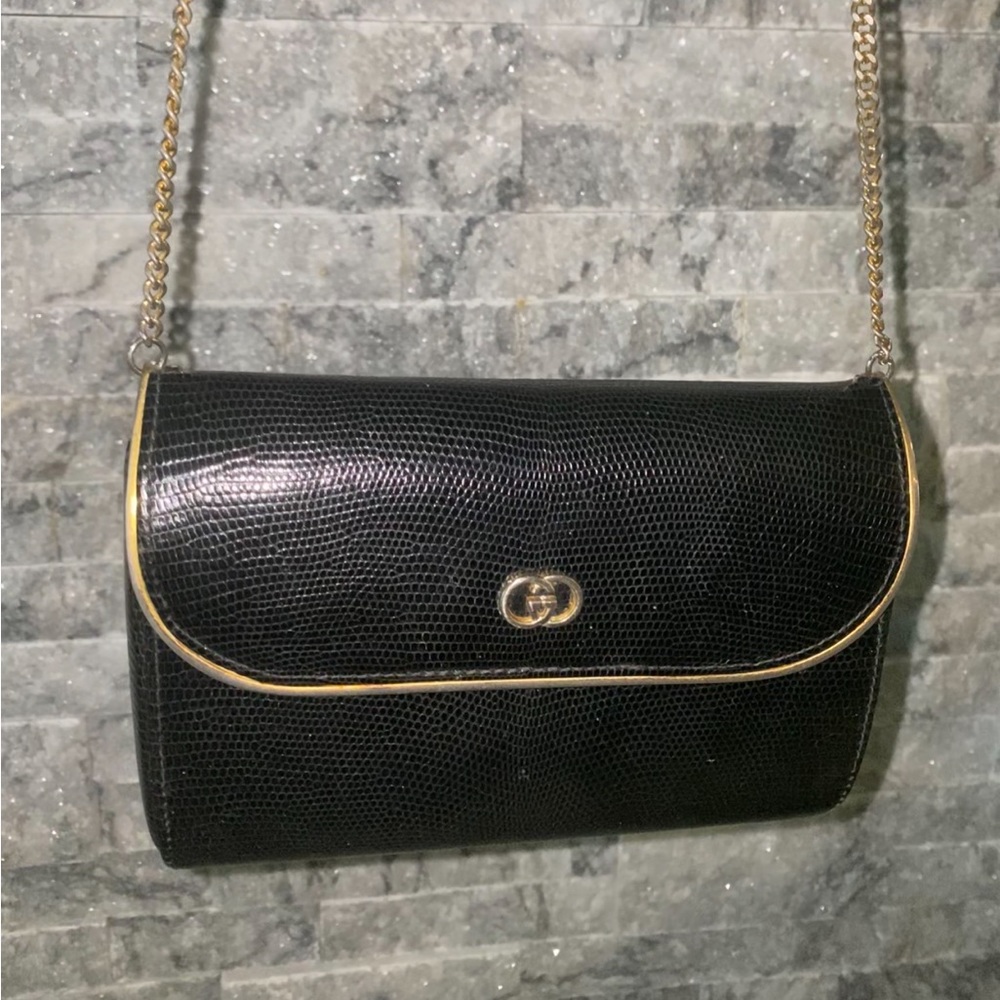 Gucci Vintage 1980’s Black Lizard Chain Strap Evening Bag